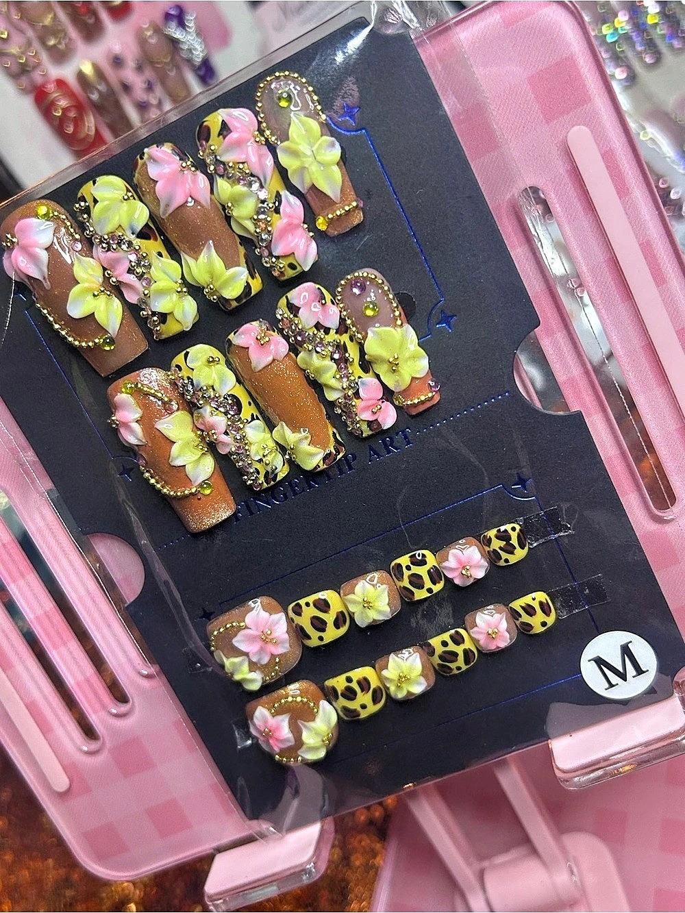 Floral cheetah print press on nail and toe Set in Pink & Yellow NWT